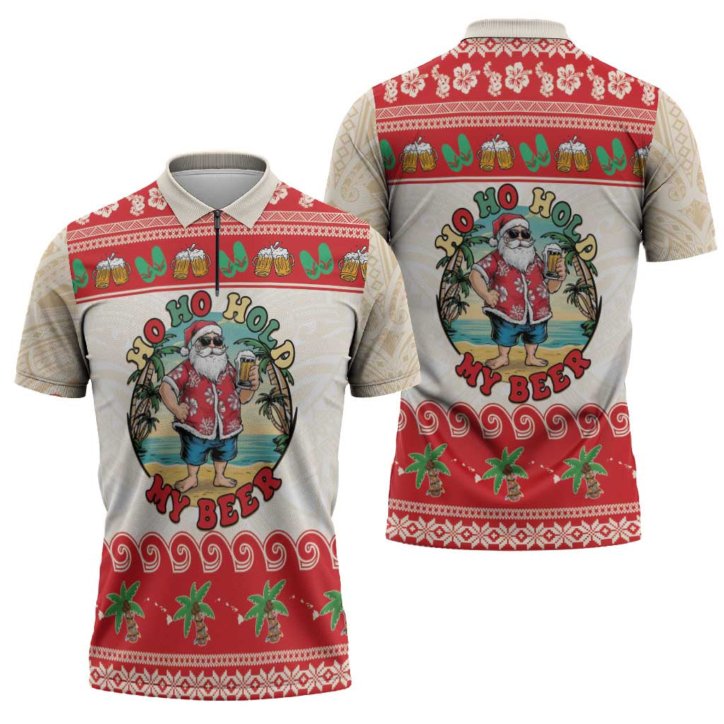 Mele Kalikimaka Hawaii Zipper Polo Shirt Funny Beer-Loving Santa Hawaiian Tropical - Polynesian Pride