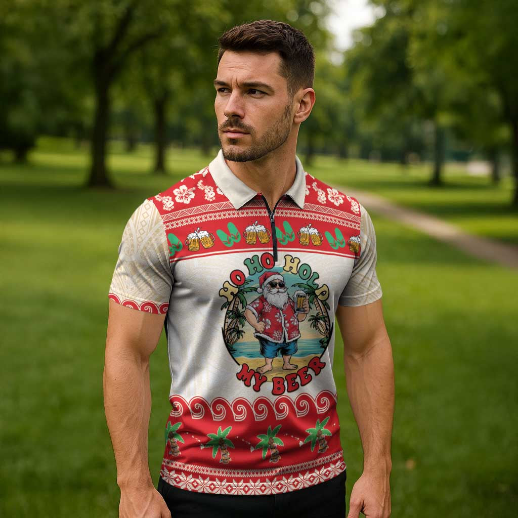 Mele Kalikimaka Hawaii Zipper Polo Shirt Funny Beer-Loving Santa Hawaiian Tropical - Polynesian Pride