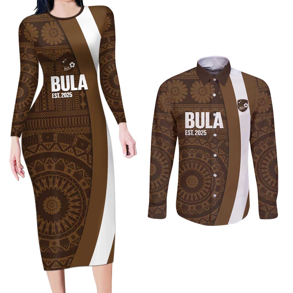 Bula Fiji Football Custom Couples Matching Long Sleeve Bodycon Dress and Long Sleeve Button Shirt One Vanua One Team Tapa Pattern LT14 Brown - Polynesian Pride