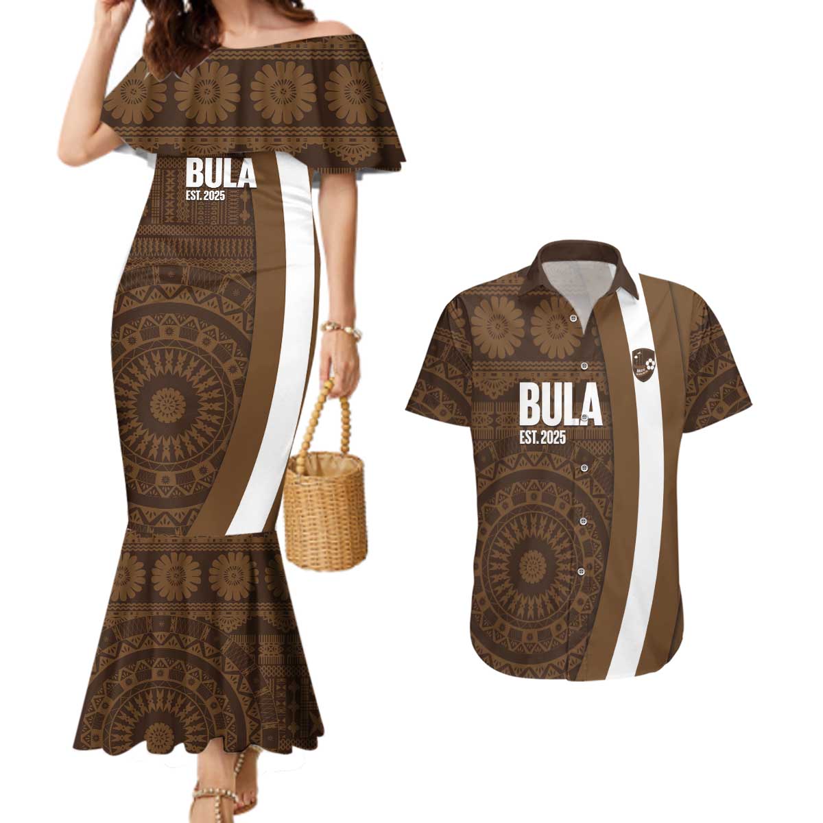 Bula Fiji Football Custom Couples Matching Mermaid Dress and Hawaiian Shirt One Vanua One Team Tapa Pattern LT14 Brown - Polynesian Pride