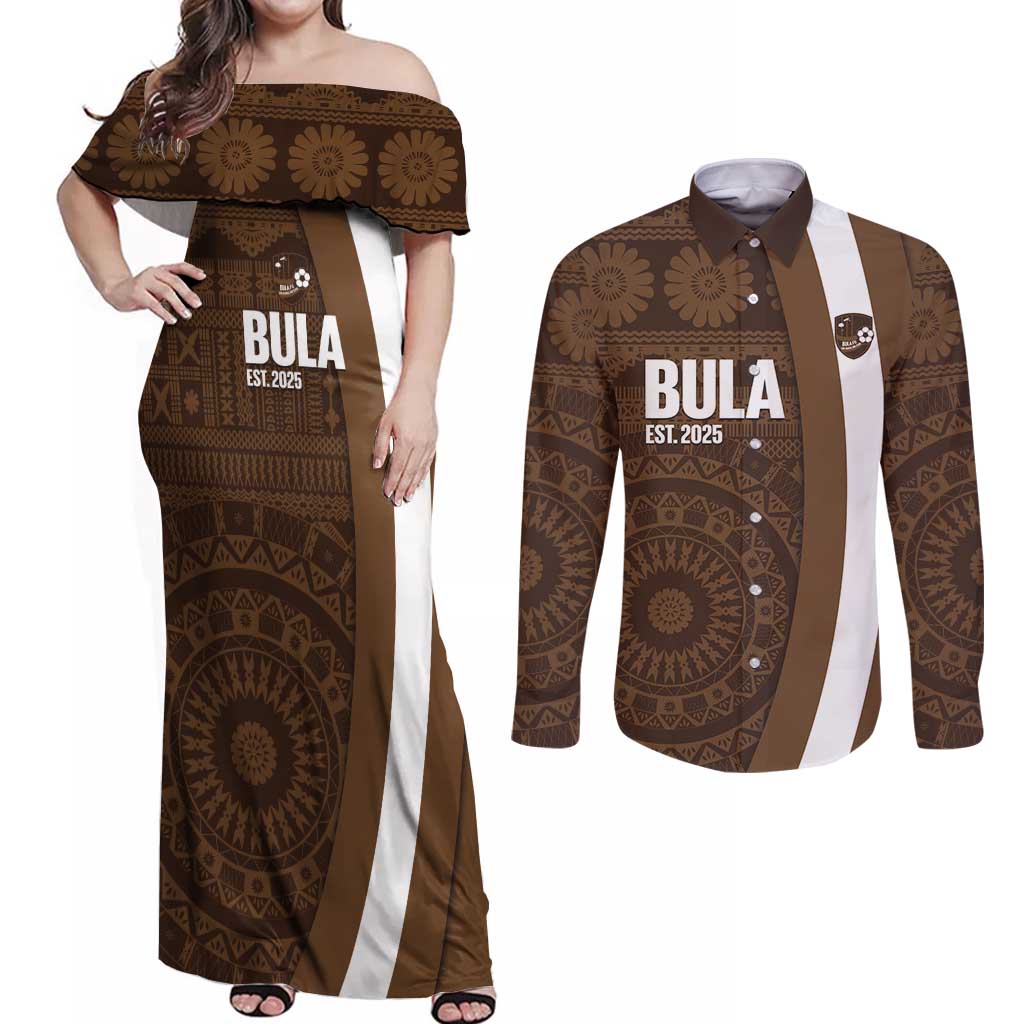 Bula Fiji Football Custom Couples Matching Off Shoulder Maxi Dress and Long Sleeve Button Shirt One Vanua One Team Tapa Pattern LT14 Brown - Polynesian Pride