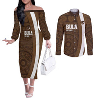 Bula Fiji Football Custom Couples Matching Off The Shoulder Long Sleeve Dress and Long Sleeve Button Shirt One Vanua One Team Tapa Pattern