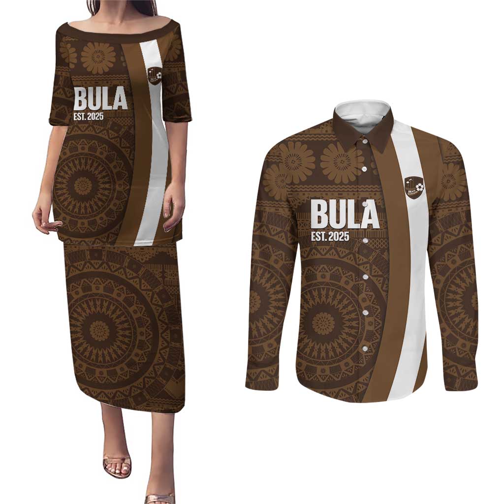 Bula Fiji Football Custom Couples Matching Puletasi and Long Sleeve Button Shirt One Vanua One Team Tapa Pattern LT14 Brown - Polynesian Pride