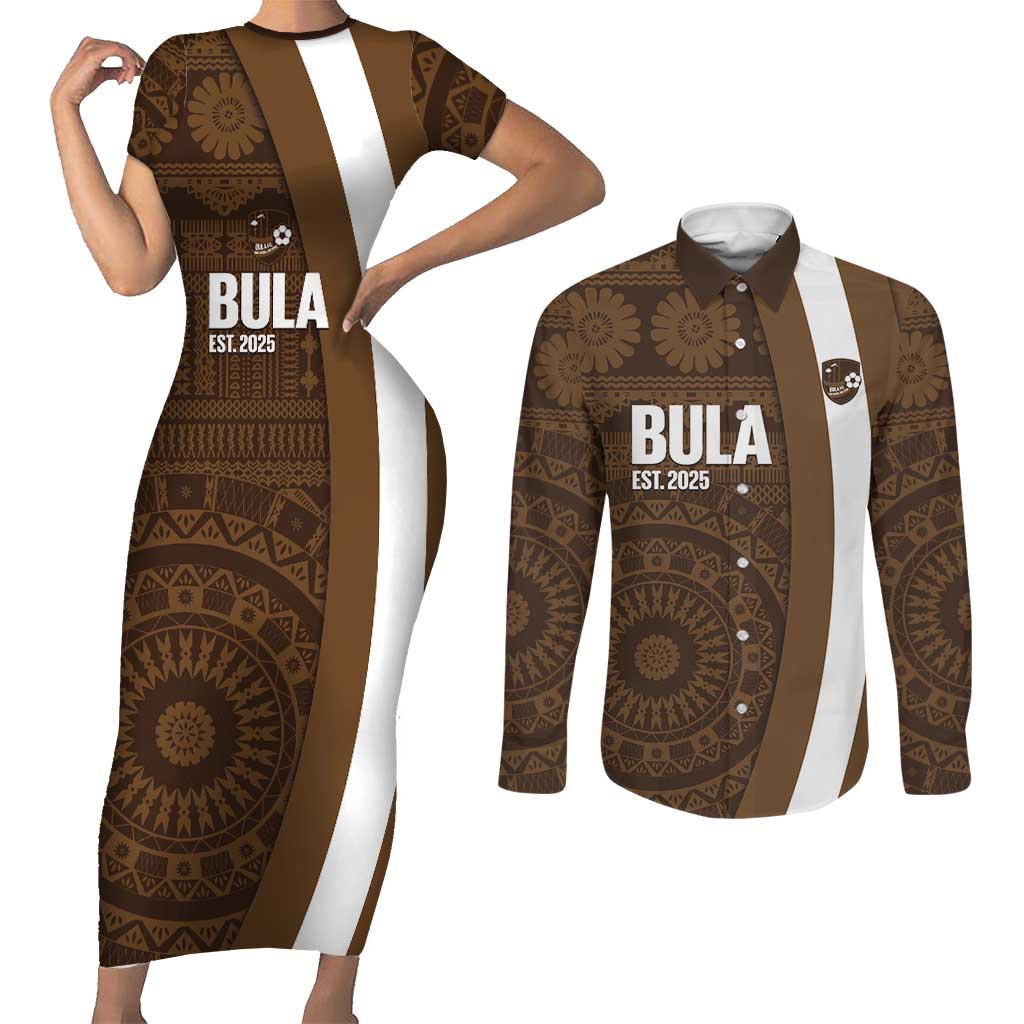 Bula Fiji Football Custom Couples Matching Short Sleeve Bodycon Dress and Long Sleeve Button Shirt One Vanua One Team Tapa Pattern LT14 Brown - Polynesian Pride
