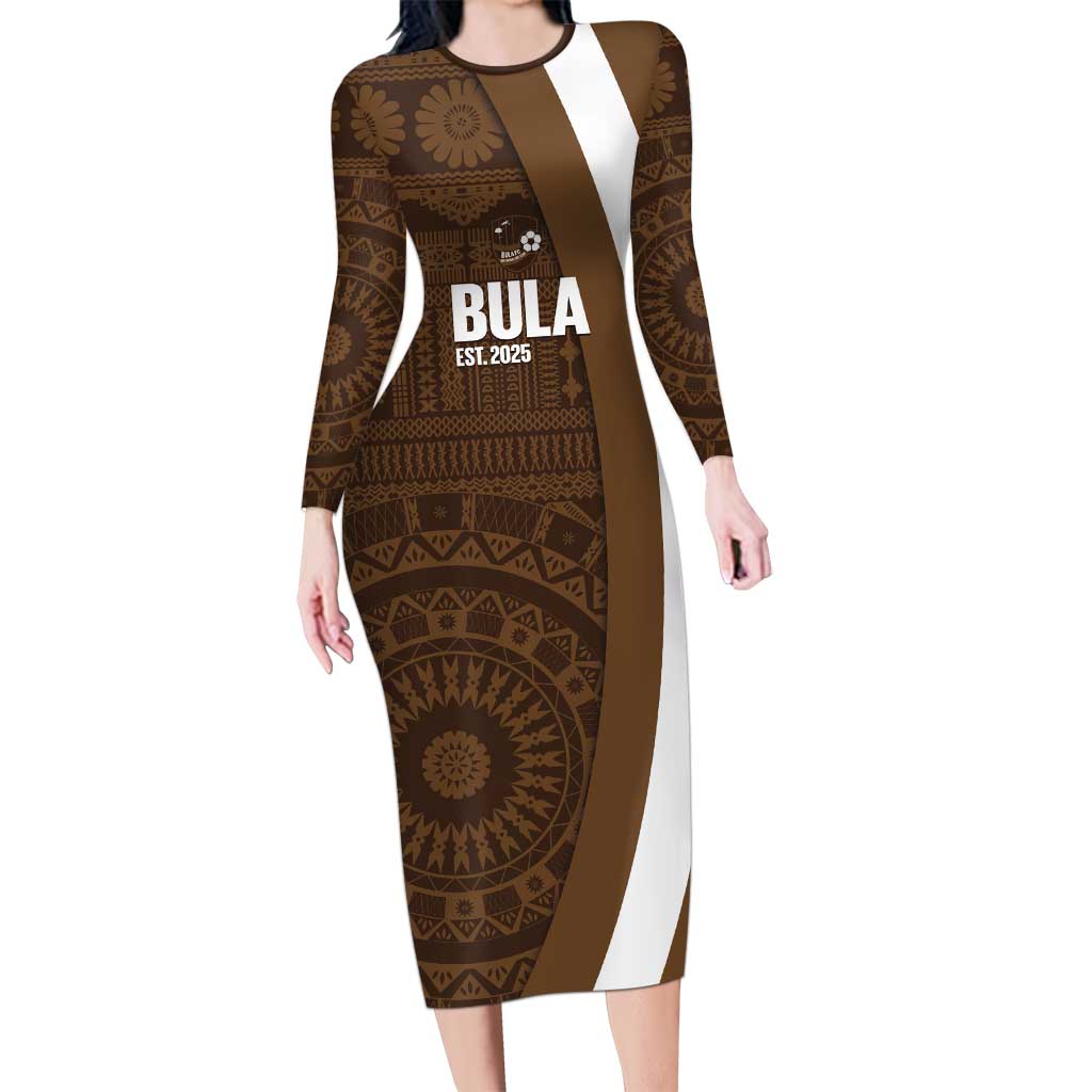 Bula Fiji Football Custom Long Sleeve Bodycon Dress One Vanua One Team Tapa Pattern LT14 Long Dress Brown - Polynesian Pride