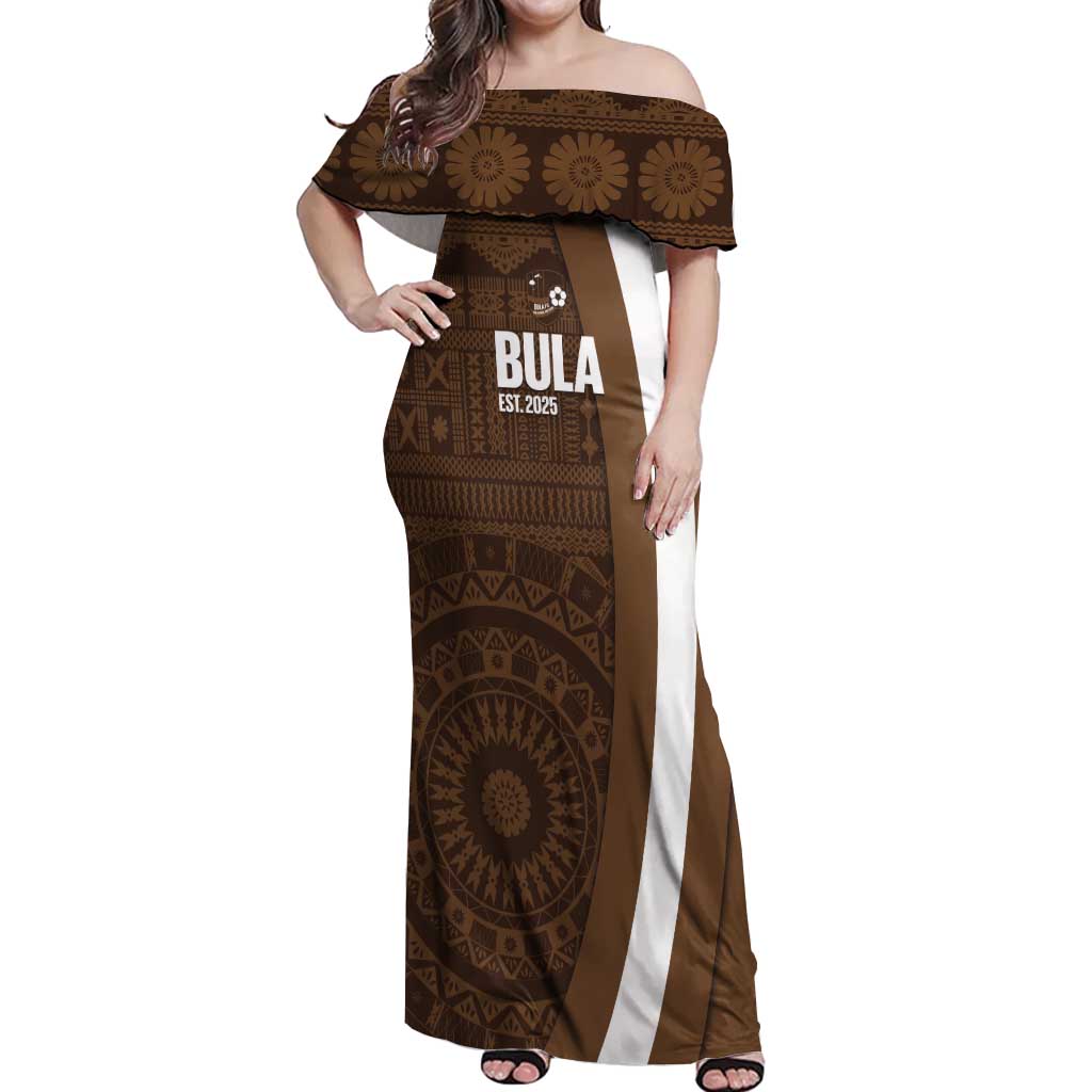 Bula Fiji Football Custom Off Shoulder Maxi Dress One Vanua One Team Tapa Pattern LT14 Women Brown - Polynesian Pride