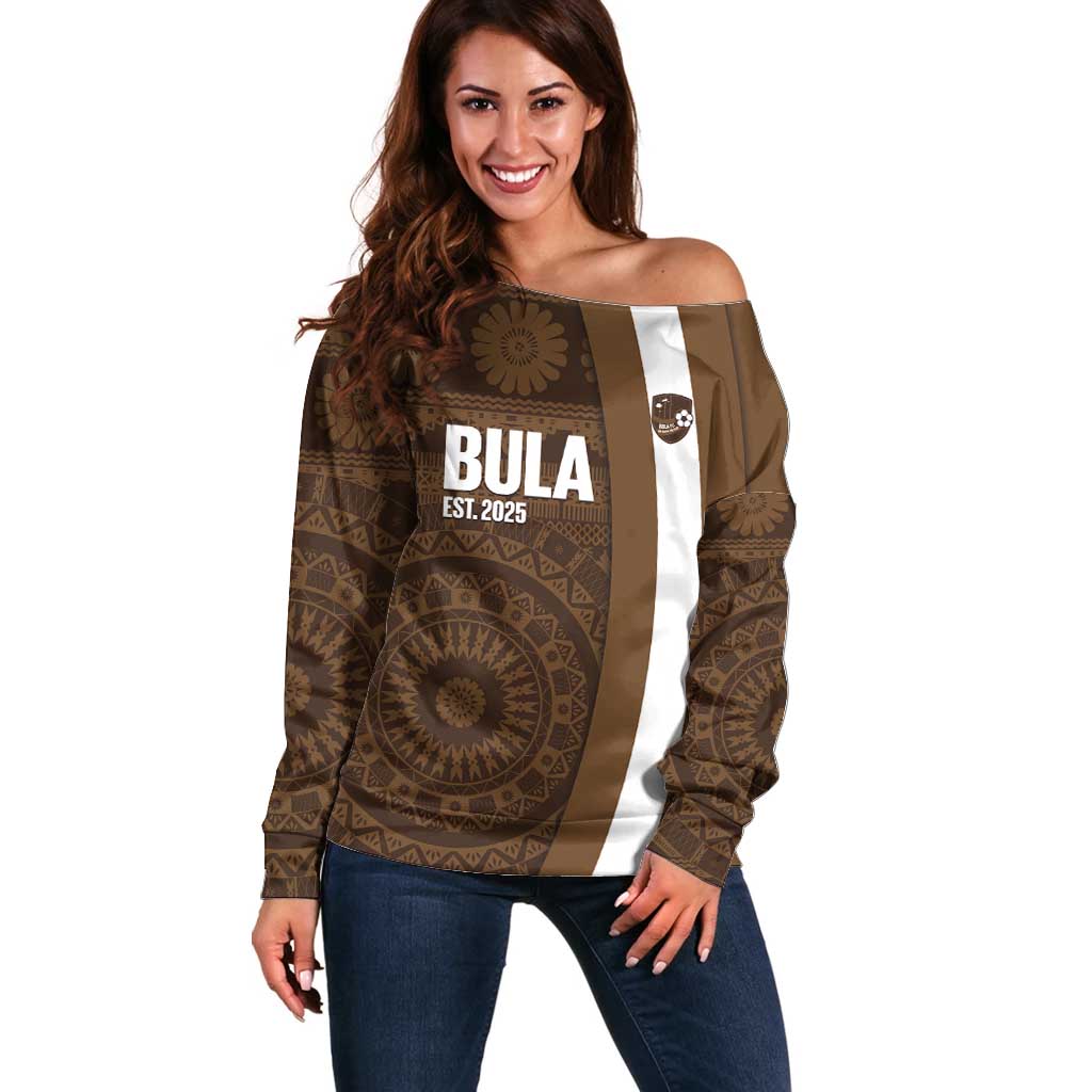 Bula Fiji Football Custom Off Shoulder Sweater One Vanua One Team Tapa Pattern LT14 Women Brown - Polynesian Pride