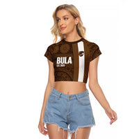 Bula Fiji Football Custom Raglan Cropped T Shirt One Vanua One Team Tapa Pattern LT14 Female Brown - Polynesian Pride