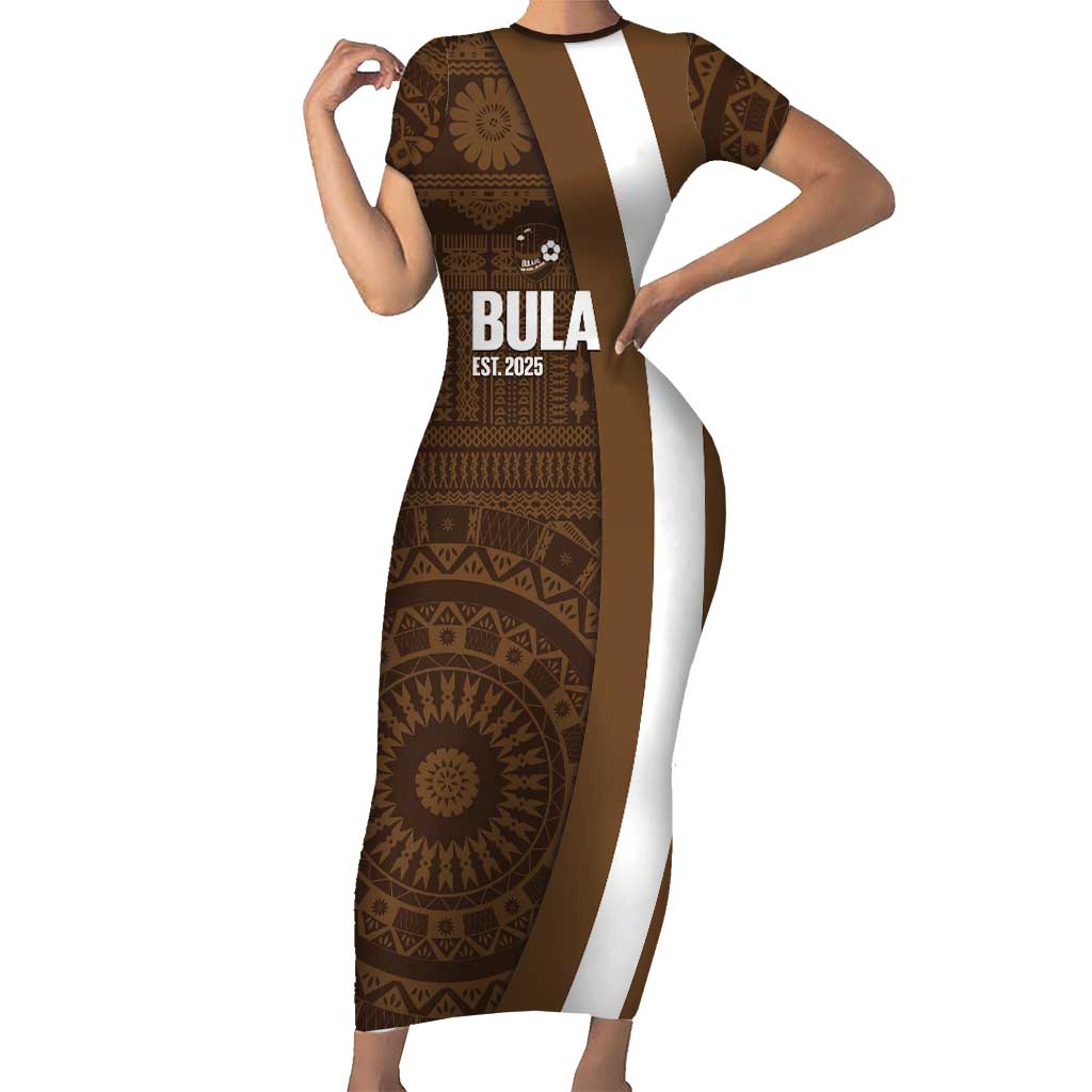 Bula Fiji Football Custom Short Sleeve Bodycon Dress One Vanua One Team Tapa Pattern LT14 Long Dress Brown - Polynesian Pride