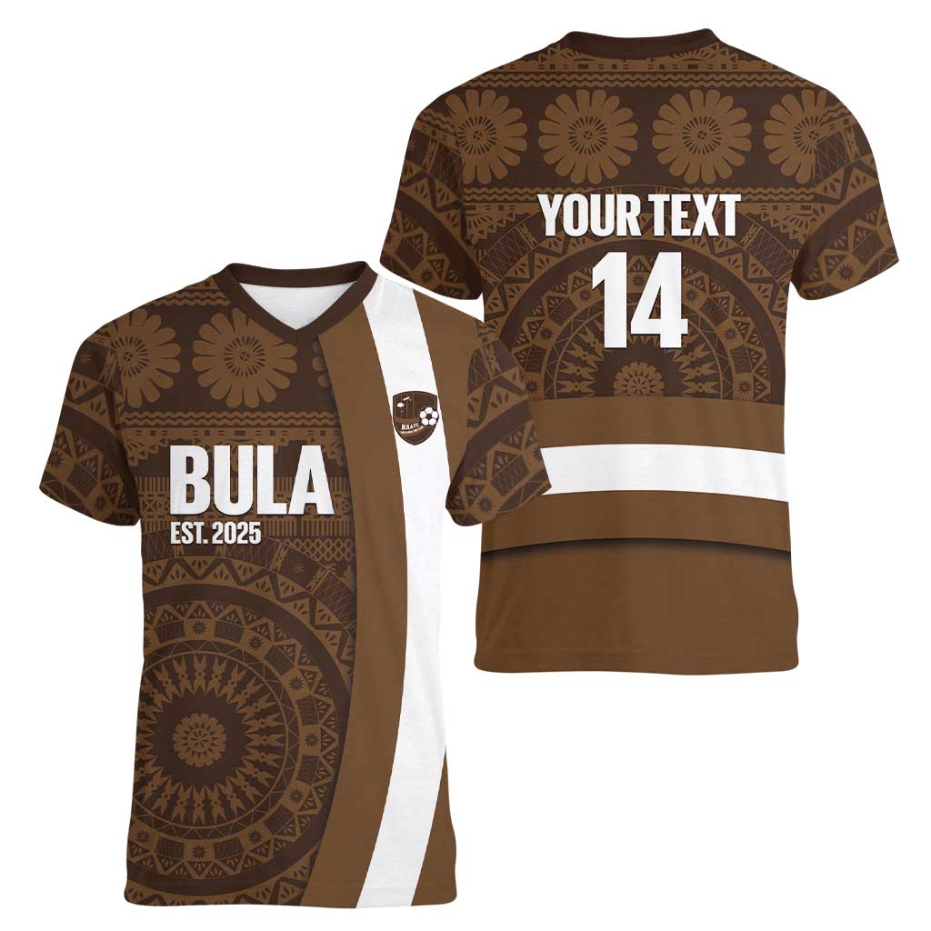 Bula Fiji Football Custom Women V-Neck T-Shirt One Vanua One Team Tapa Pattern