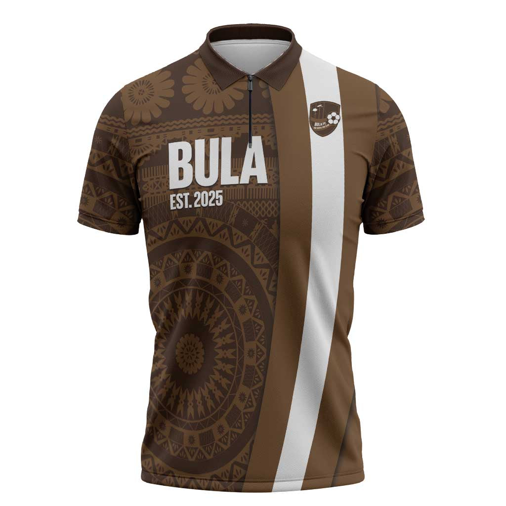 Bula Fiji Football Custom Zipper Polo Shirt One Vanua One Team Tapa Pattern LT14 Brown - Polynesian Pride