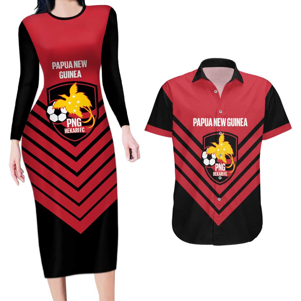 Hekari Papua New Guinea Football Custom Couples Matching Long Sleeve Bodycon Dress and Hawaiian Shirt Go PNG Red Army LT14 Red - Polynesian Pride