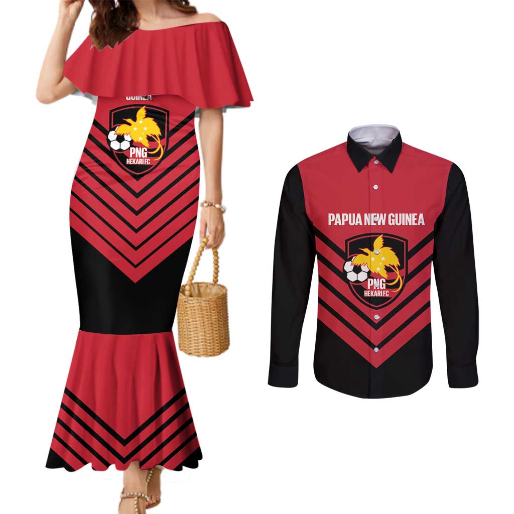 Hekari Papua New Guinea Football Custom Couples Matching Mermaid Dress and Long Sleeve Button Shirt Go PNG Red Army