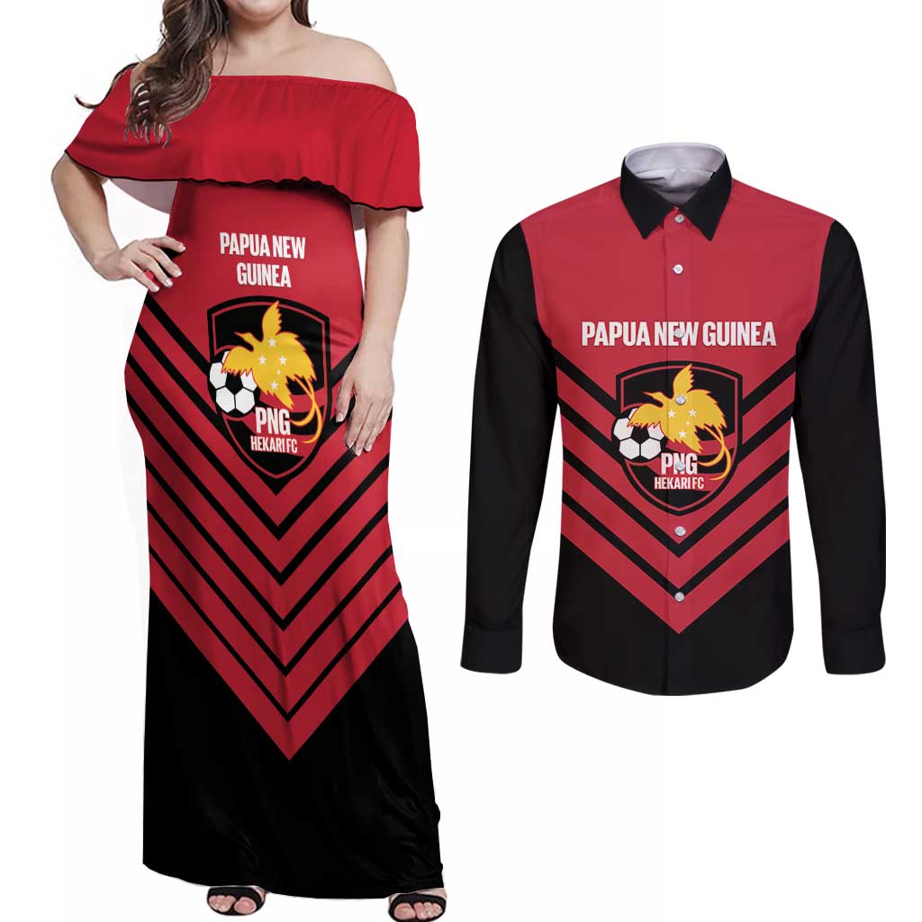 Hekari Papua New Guinea Football Custom Couples Matching Off Shoulder Maxi Dress and Long Sleeve Button Shirt Go PNG Red Army LT14 Red - Polynesian Pride