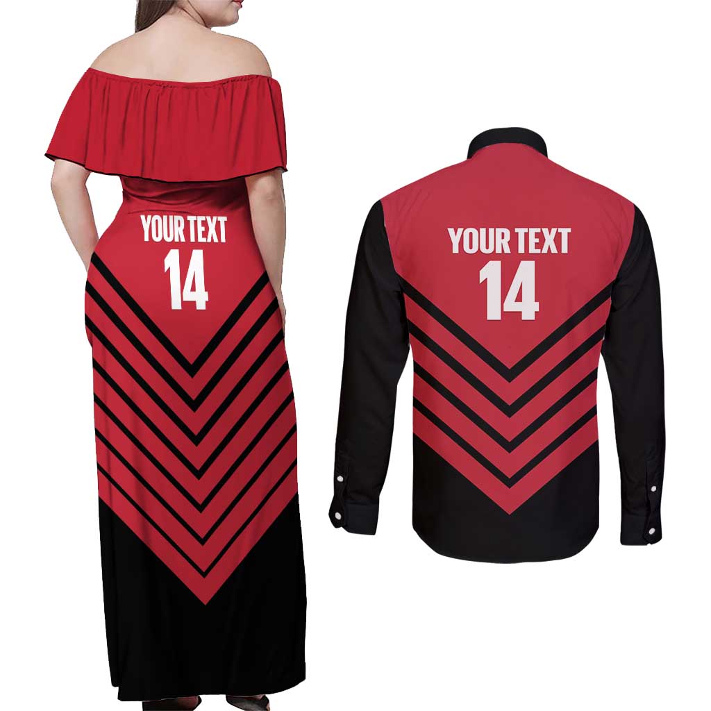 Hekari Papua New Guinea Football Custom Couples Matching Off Shoulder Maxi Dress and Long Sleeve Button Shirt Go PNG Red Army