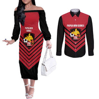 Hekari Papua New Guinea Football Custom Couples Matching Off The Shoulder Long Sleeve Dress and Long Sleeve Button Shirt Go PNG Red Army