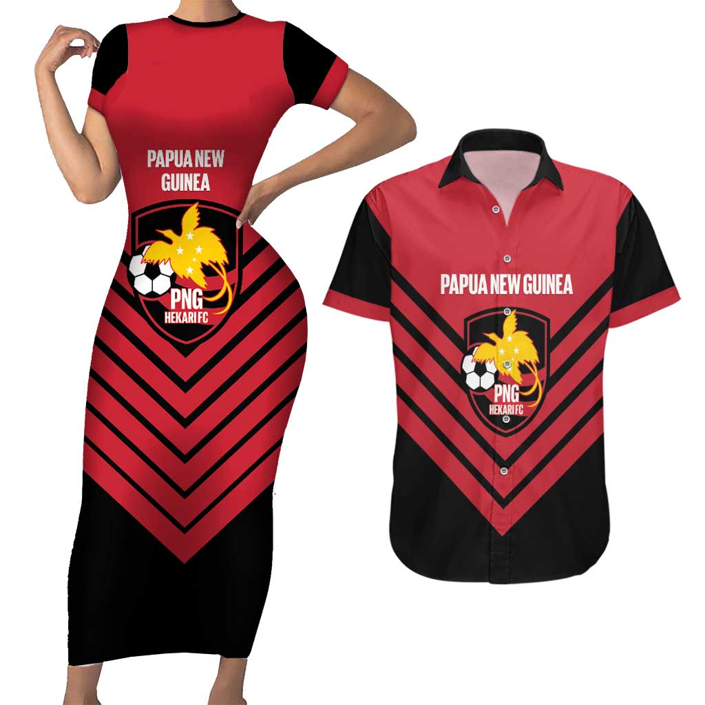 Hekari Papua New Guinea Football Custom Couples Matching Short Sleeve Bodycon Dress and Hawaiian Shirt Go PNG Red Army LT14 Red - Polynesian Pride