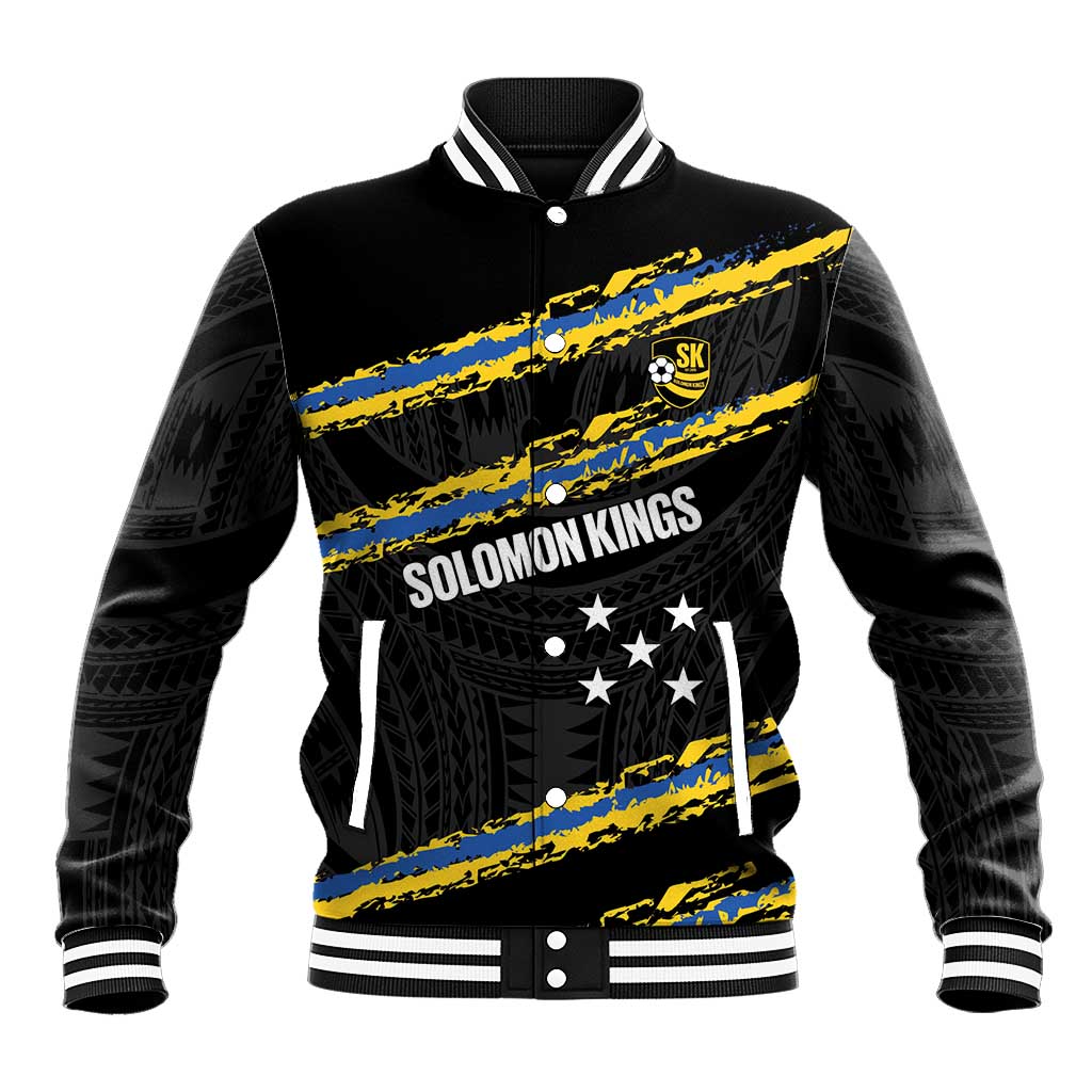 Kings Solomon Islands Football Custom Baseball Jacket Come On Solomons Polynesian Grunge Style LT14 Unisex Black - Polynesian Pride