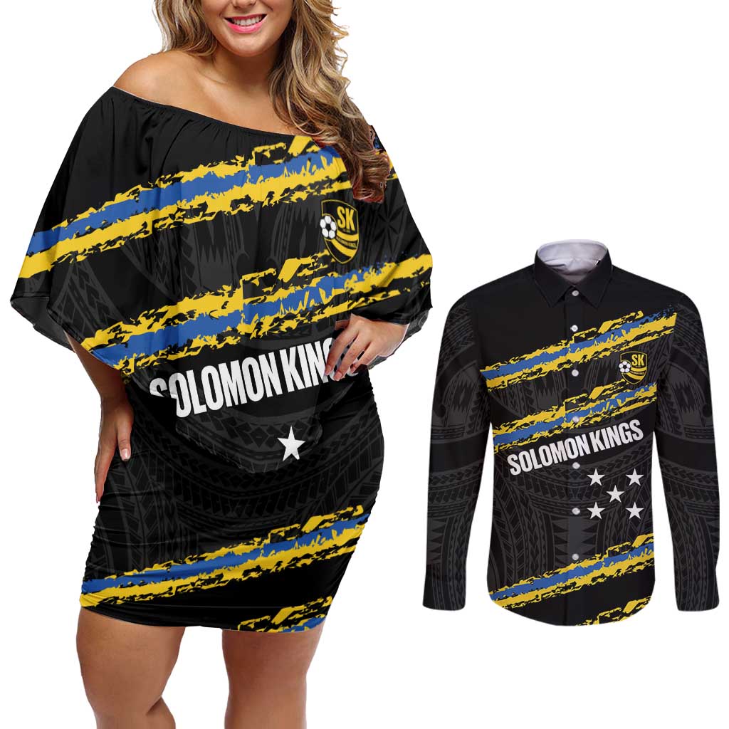 Kings Solomon Islands Football Custom Couples Matching Off Shoulder Short Dress and Long Sleeve Button Shirt Come On Solomons Polynesian Grunge Style LT14 Black - Polynesian Pride