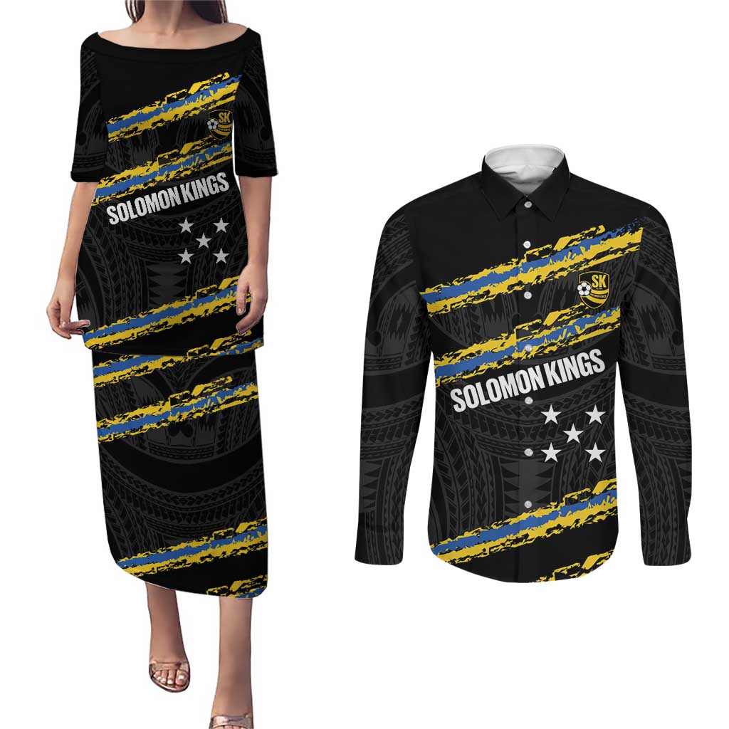 Kings Solomon Islands Football Custom Couples Matching Puletasi and Long Sleeve Button Shirt Come On Solomons Polynesian Grunge Style