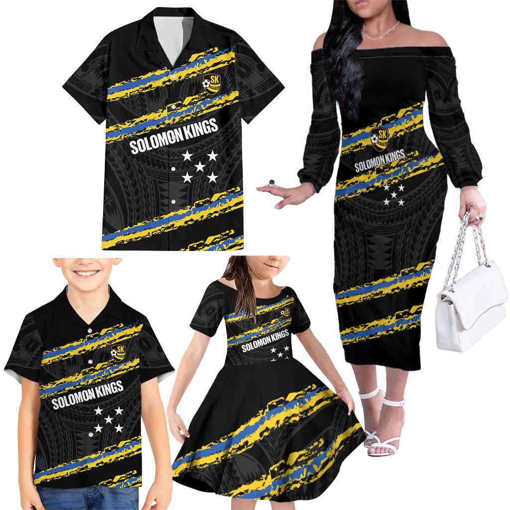 Kings Solomon Islands Football Custom Family Matching Off The Shoulder Long Sleeve Dress and Hawaiian Shirt Come On Solomons Polynesian Grunge Style LT14 - Polynesian Pride