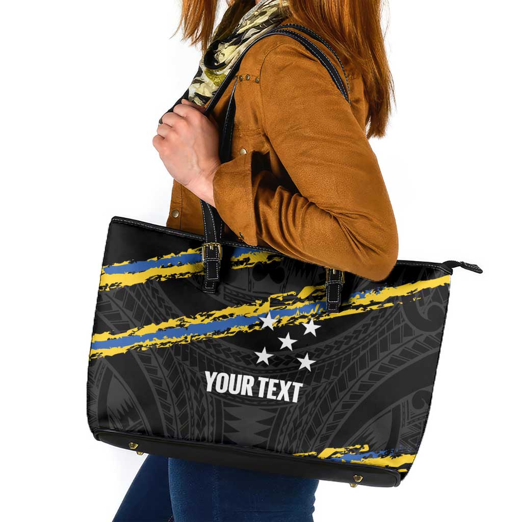 Kings Solomon Islands Football Custom Leather Tote Bag Come On Solomons Polynesian Grunge Style LT14 Black - Polynesian Pride