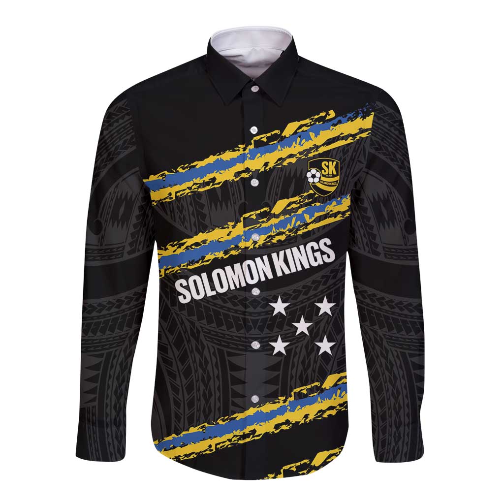 Kings Solomon Islands Football Custom Long Sleeve Button Shirt Come On Solomons Polynesian Grunge Style LT14 Unisex Black - Polynesian Pride