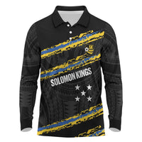 Kings Solomon Islands Football Custom Long Sleeve Polo Shirt Come On Solomons Polynesian Grunge Style LT14 Black - Polynesian Pride
