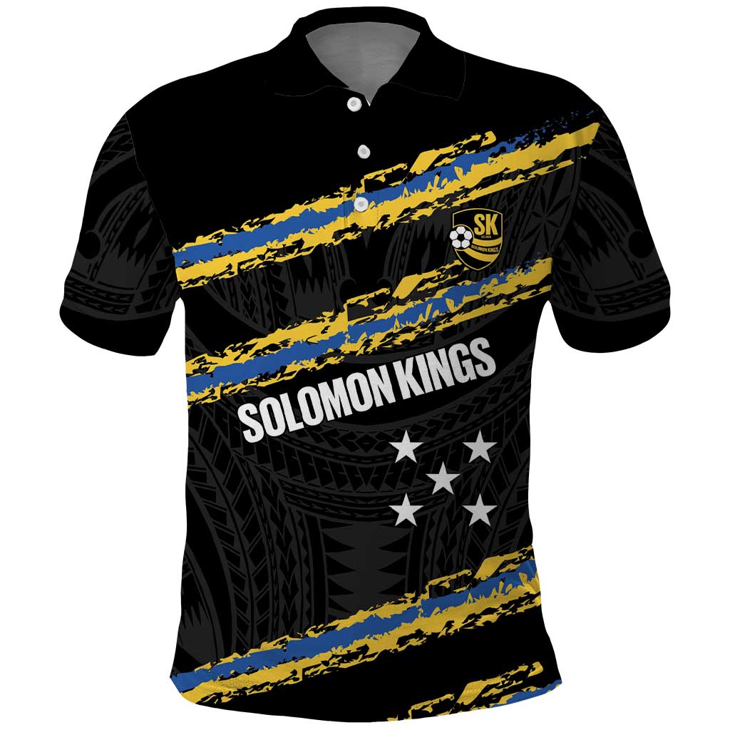 Kings Solomon Islands Football Custom Polo Shirt Come On Solomons Polynesian Grunge Style LT14 Black - Polynesian Pride