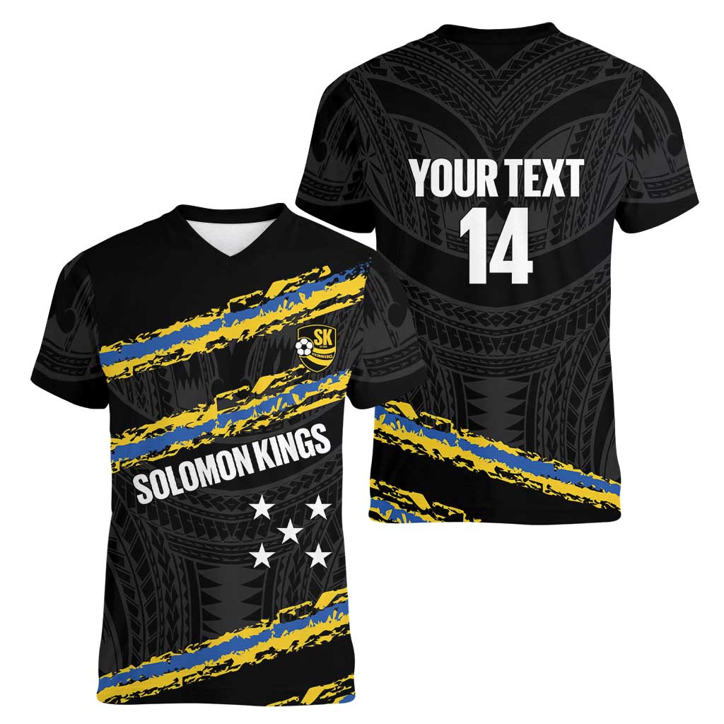 Kings Solomon Islands Football Custom Women V-Neck T-Shirt Come On Solomons Polynesian Grunge Style