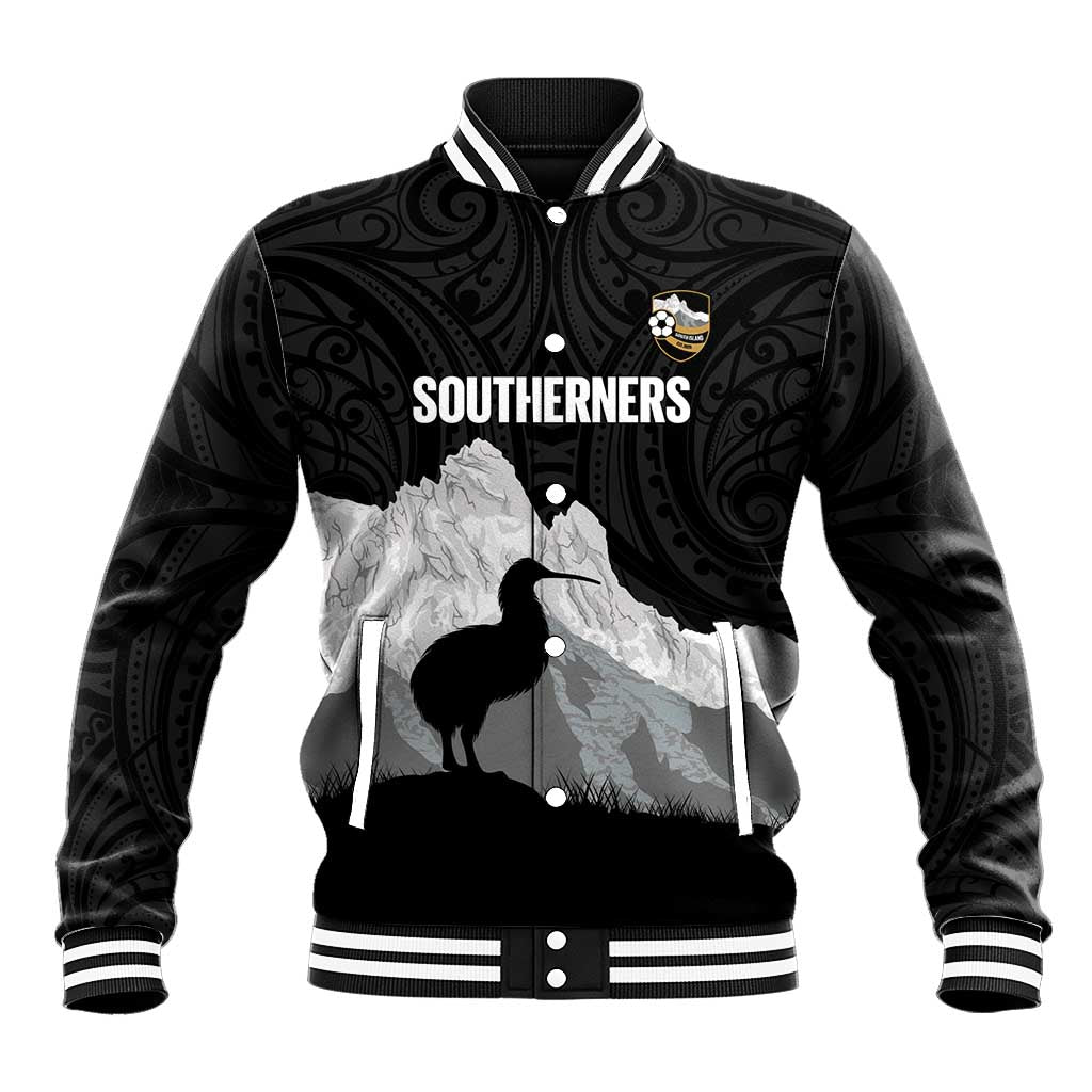New Zealand South Island Football Custom Baseball Jacket Aoraki Mount Cook With Kiwi Maori Pattern LT14 Unisex Black - Polynesian Pride
