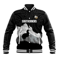 New Zealand South Island Football Custom Baseball Jacket Aoraki Mount Cook With Kiwi Maori Pattern LT14 Unisex Black - Polynesian Pride