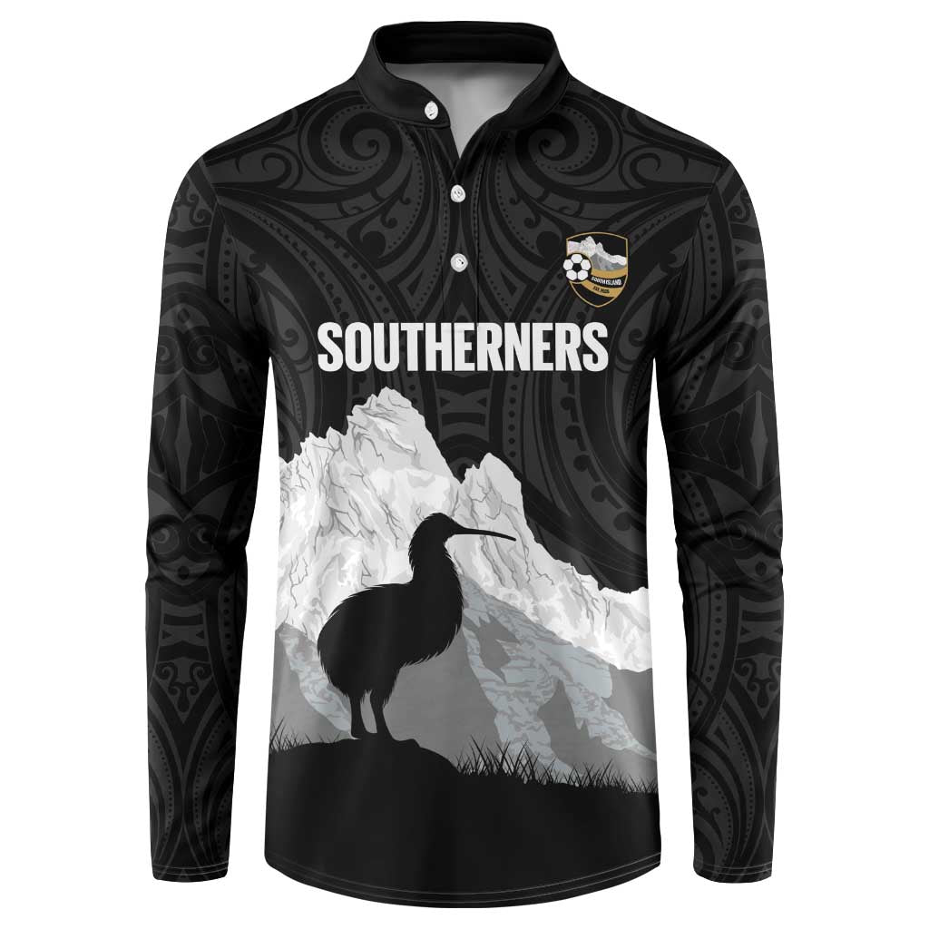New Zealand South Island Football Custom Button Sweatshirt Aoraki Mount Cook With Kiwi Maori Pattern LT14 Black - Polynesian Pride