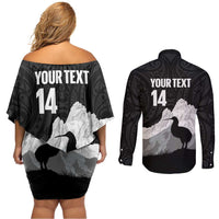 New Zealand South Island Football Custom Couples Matching Off Shoulder Short Dress and Long Sleeve Button Shirt Aoraki Mount Cook With Kiwi Maori Pattern