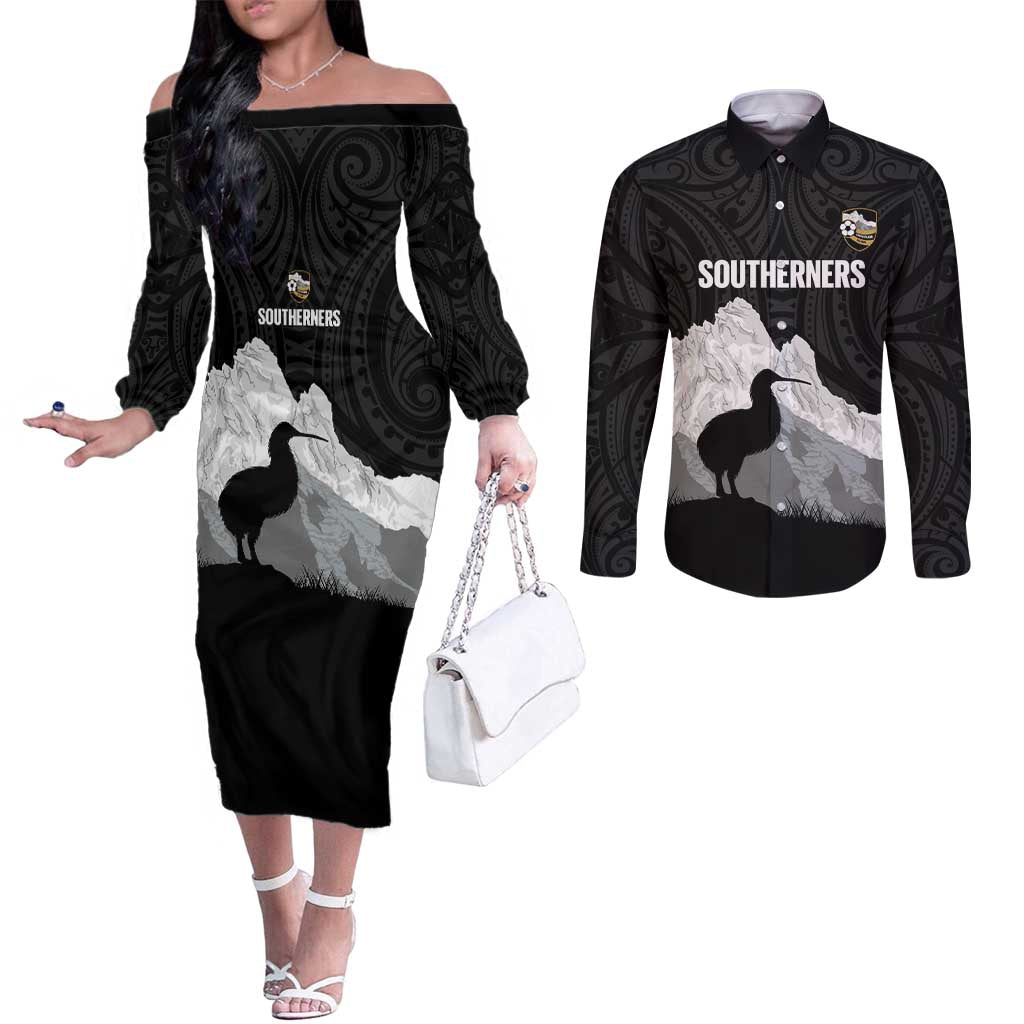 New Zealand South Island Football Custom Couples Matching Off The Shoulder Long Sleeve Dress and Long Sleeve Button Shirt Aoraki Mount Cook With Kiwi Maori Pattern LT14 Black - Polynesian Pride