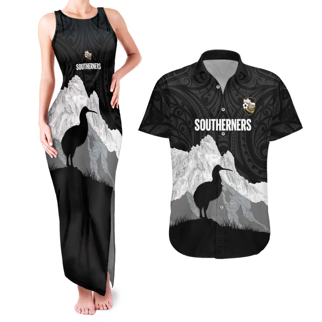 New Zealand South Island Football Custom Couples Matching Tank Maxi Dress and Hawaiian Shirt Aoraki Mount Cook With Kiwi Maori Pattern LT14 Black - Polynesian Pride