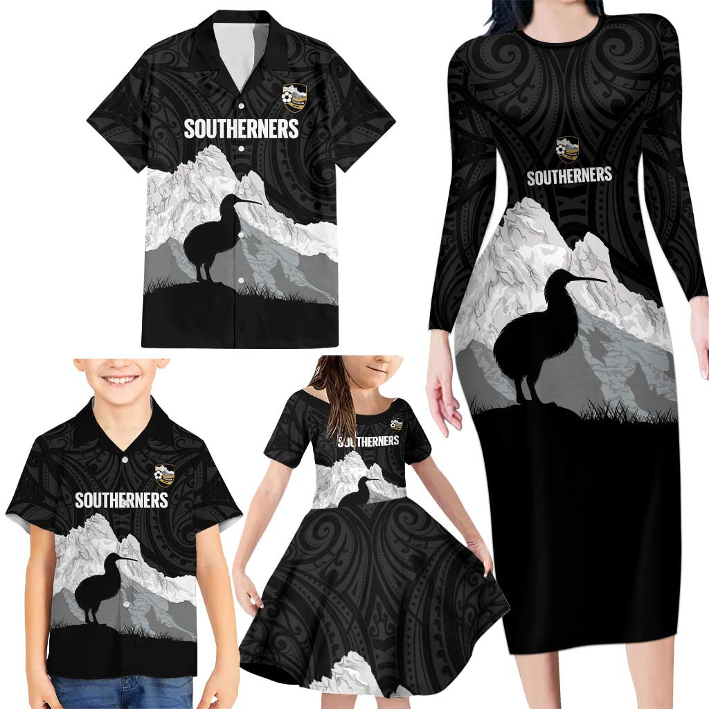 New Zealand South Island Football Custom Family Matching Long Sleeve Bodycon Dress and Hawaiian Shirt Aoraki Mount Cook With Kiwi Maori Pattern