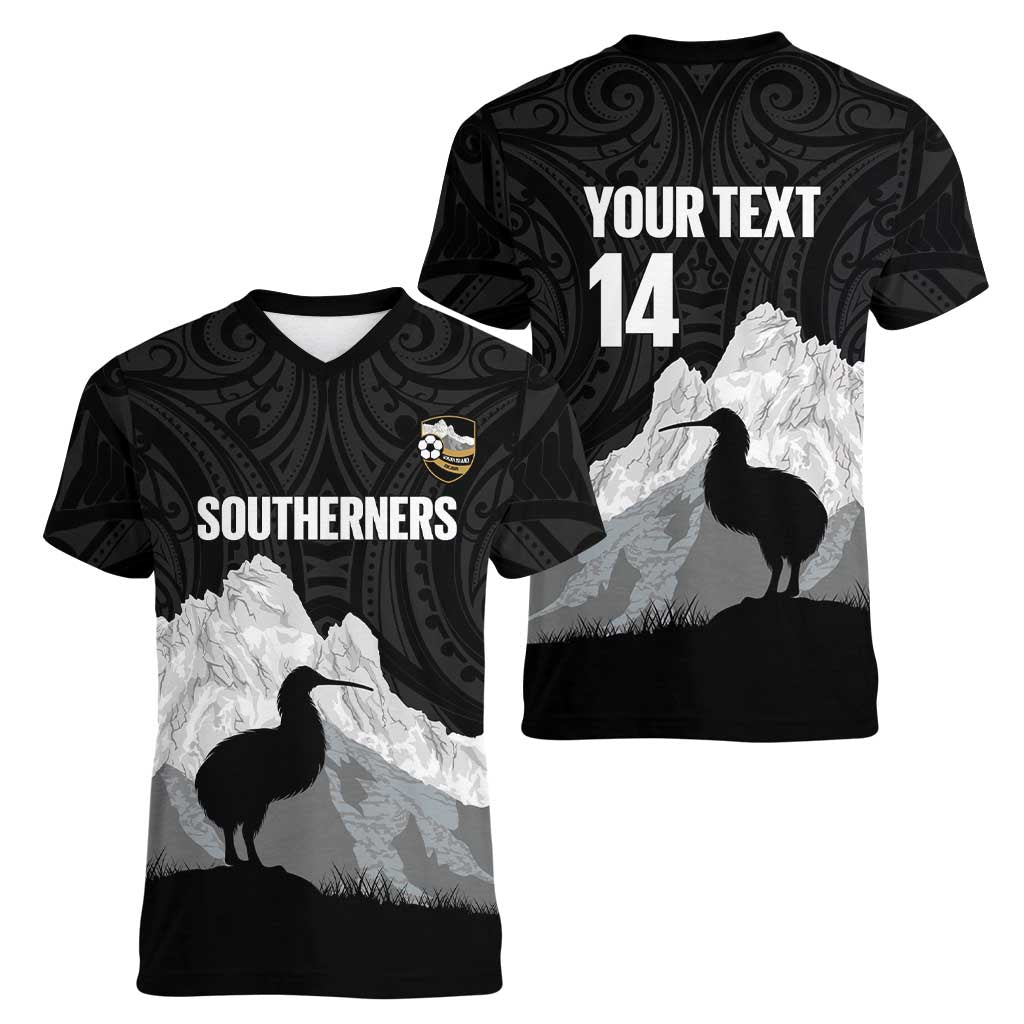 New Zealand South Island Football Custom Women V-Neck T-Shirt Aoraki Mount Cook With Kiwi Maori Pattern