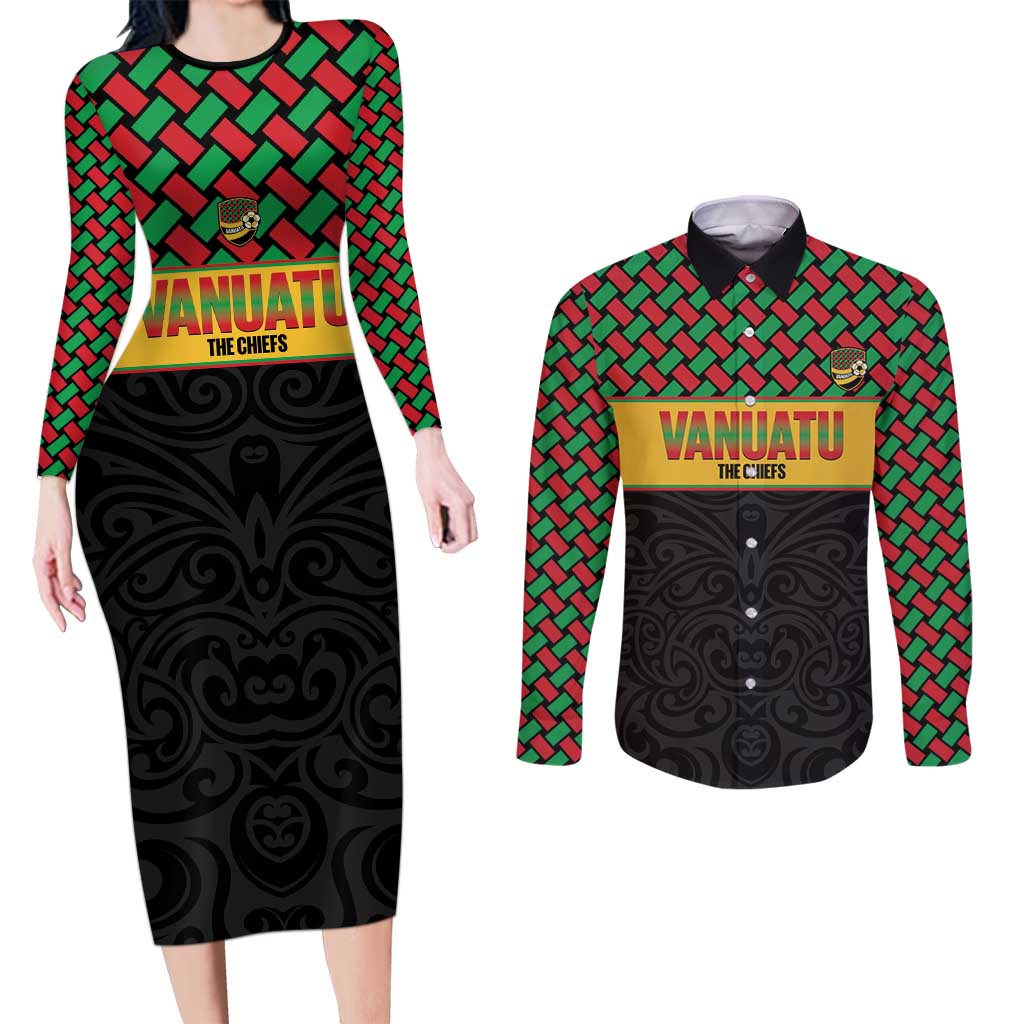 Vanuatu Football Custom Couples Matching Long Sleeve Bodycon Dress and Long Sleeve Button Shirt Go Chiefs Basket-weave Pattern LT14 Black - Polynesian Pride