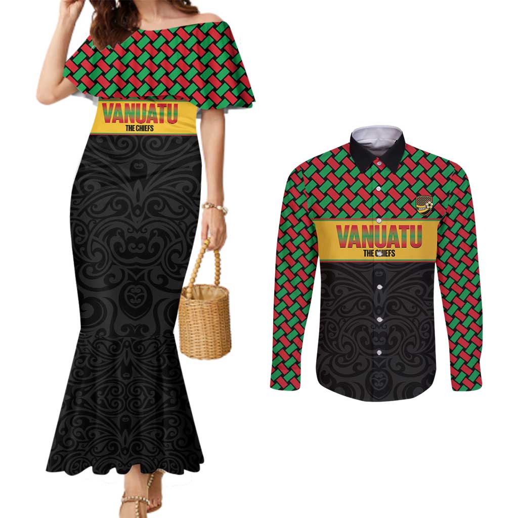 Vanuatu Football Custom Couples Matching Mermaid Dress and Long Sleeve Button Shirt Go Chiefs Basket-weave Pattern LT14 Black - Polynesian Pride