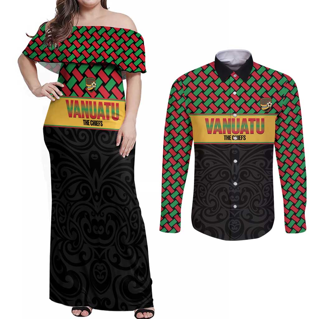 Vanuatu Football Custom Couples Matching Off Shoulder Maxi Dress and Long Sleeve Button Shirt Go Chiefs Basket-weave Pattern LT14 Black - Polynesian Pride