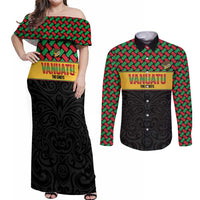 Vanuatu Football Custom Couples Matching Off Shoulder Maxi Dress and Long Sleeve Button Shirt Go Chiefs Basket-weave Pattern LT14 Black - Polynesian Pride