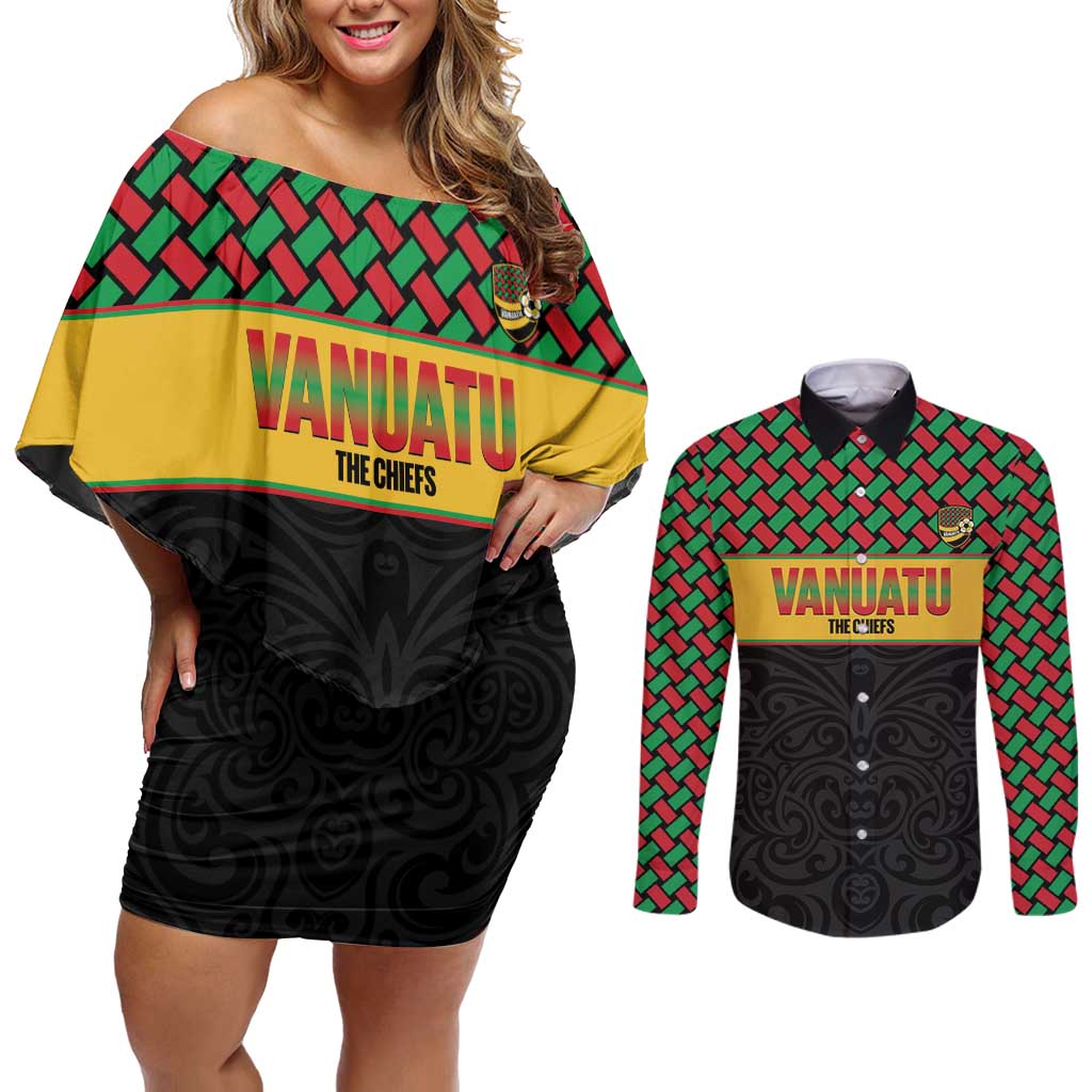 Vanuatu Football Custom Couples Matching Off Shoulder Short Dress and Long Sleeve Button Shirt Go Chiefs Basket-weave Pattern LT14 Black - Polynesian Pride
