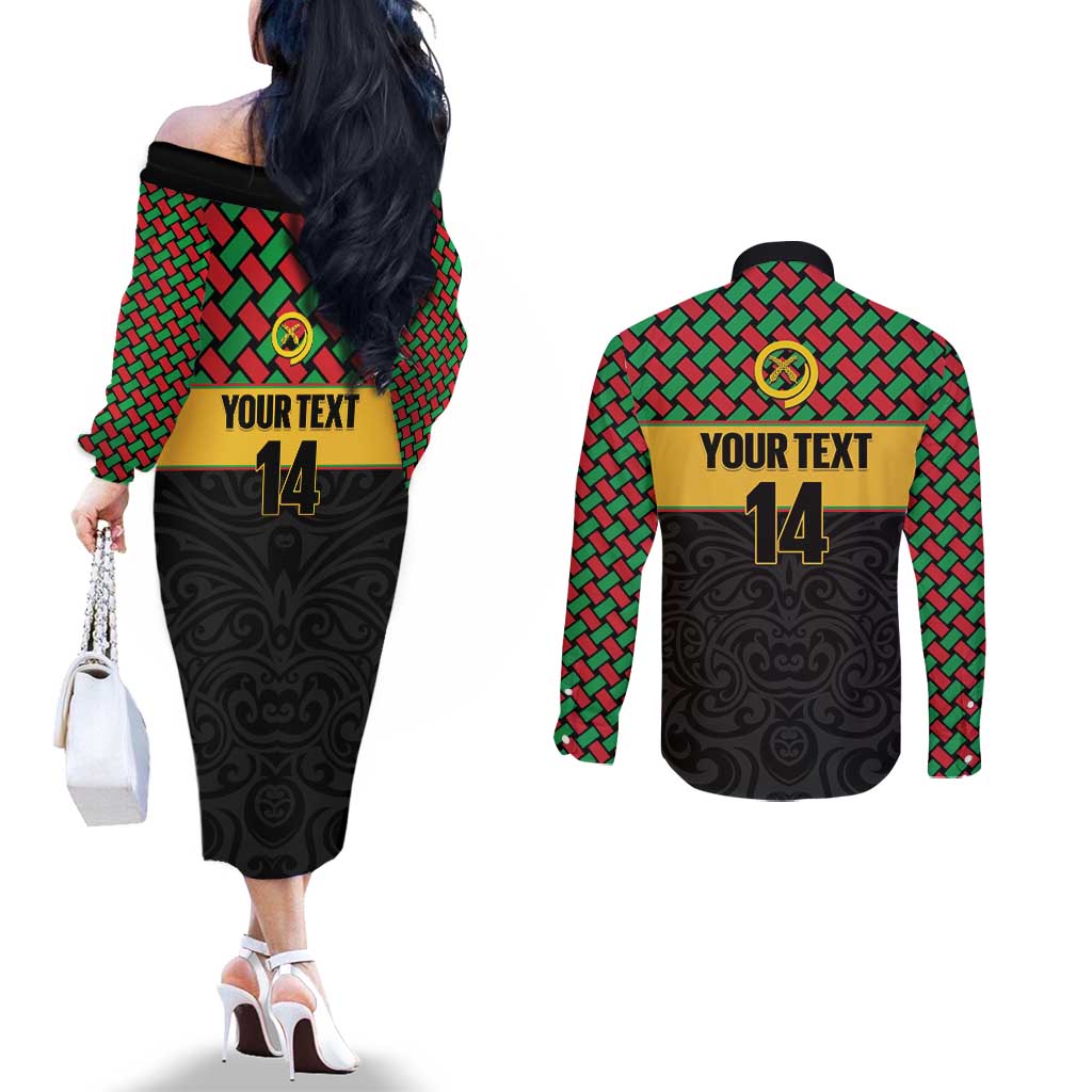 Vanuatu Football Custom Couples Matching Off The Shoulder Long Sleeve Dress and Long Sleeve Button Shirt Go Chiefs Basket-weave Pattern LT14 - Polynesian Pride