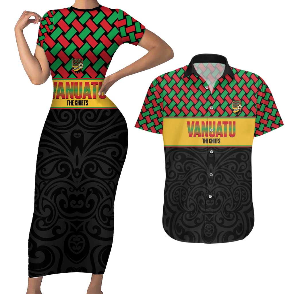 Vanuatu Football Custom Couples Matching Short Sleeve Bodycon Dress and Hawaiian Shirt Go Chiefs Basket-weave Pattern LT14 Black - Polynesian Pride