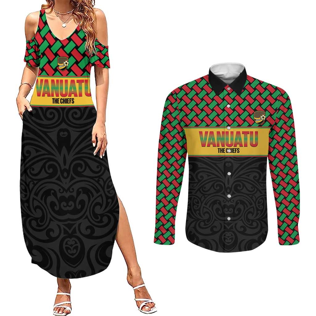 Vanuatu Football Custom Couples Matching Summer Maxi Dress and Long Sleeve Button Shirt Go Chiefs Basket-weave Pattern LT14 Black - Polynesian Pride