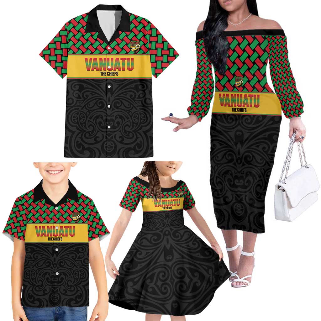 Vanuatu Football Custom Family Matching Off The Shoulder Long Sleeve Dress and Hawaiian Shirt Go Chiefs Basket-weave Pattern LT14 - Polynesian Pride