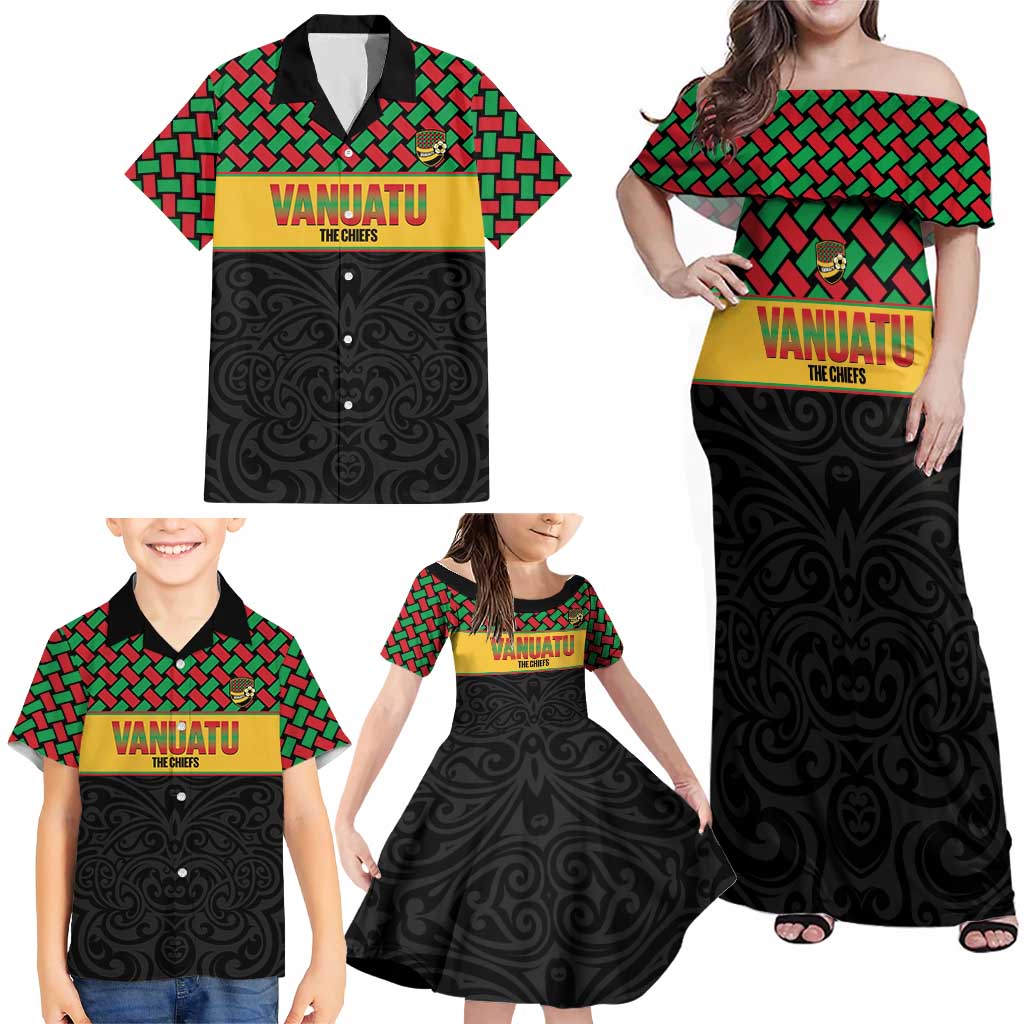 Vanuatu Football Custom Family Matching Off Shoulder Maxi Dress and Hawaiian Shirt Go Chiefs Basket-weave Pattern LT14 - Polynesian Pride