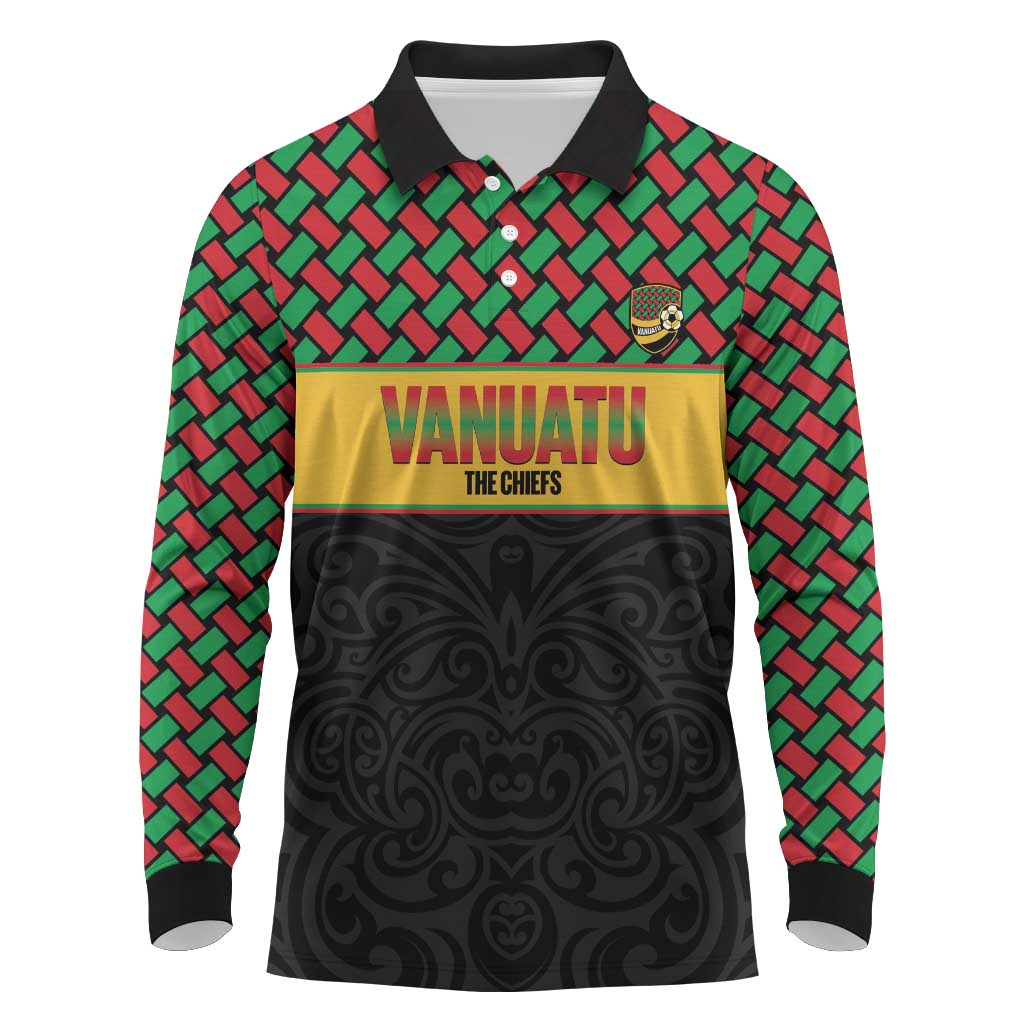 Vanuatu Football Custom Long Sleeve Polo Shirt Go Chiefs Basket-weave Pattern LT14 Black - Polynesian Pride