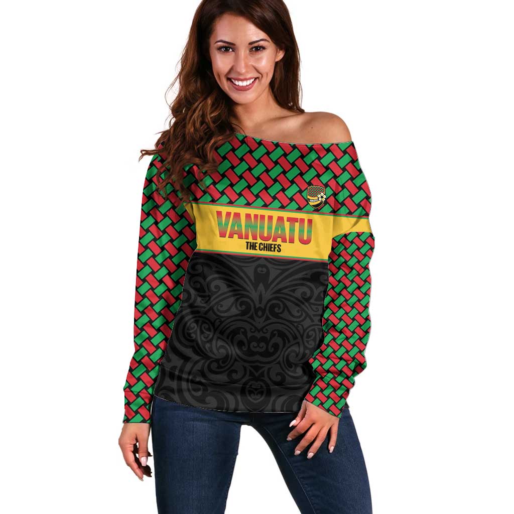 Vanuatu Football Custom Off Shoulder Sweater Go Chiefs Basket-weave Pattern LT14 Women Black - Polynesian Pride